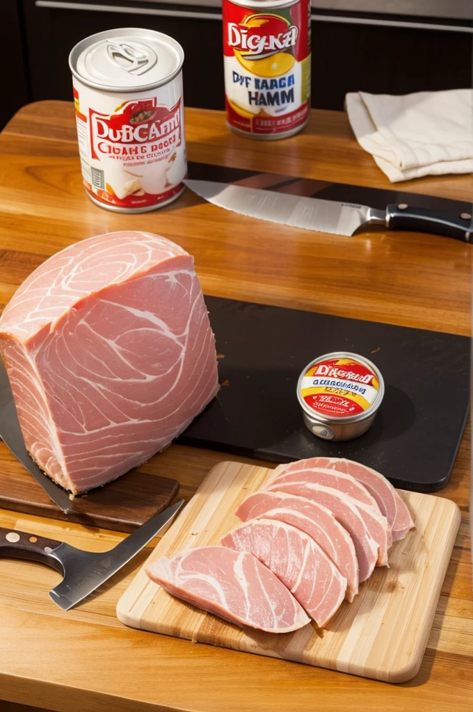 There is a cutting board and a knife on the kitchen countertop, and canned spam ham is taken out. The ham is cut in half and is double coated.