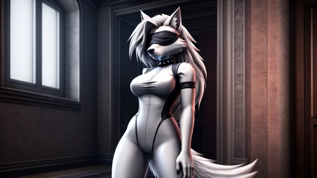 Loona from Helluva Boss, female white wolf, anthro, mature adult, fluffy short white hair, blindfold, white bodysuit, standing, serious, detailed, solo, beautiful, high quality, 4K