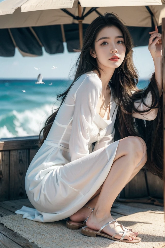 (((best quality))),(((ultra detailed))),(((masterpiece))),illustration,1 girl, solo,slim,flat chest,watching sunrise, seaside,soft light, serene atmosphere,medium straight hair, sparkling blue eyes, fair skin, white sundress, seashell pattern, sandals, cliff edge, azure sea, waves crashing, seagulls soaring, camera in hand, joyful expression, warm sunlight, ethereal presence, peaceful setting,upper body,from front
