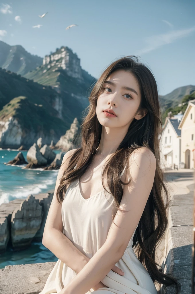 (((best quality))),(((ultra detailed))),(((masterpiece))),illustration,1 girl, solo,slim,flat chest,watching sunrise, seaside,soft light, serene atmosphere,medium straight hair, sparkling blue eyes, fair skin, white sundress, seashell pattern, sandals, cliff edge, azure sea, waves crashing, seagulls soaring, camera in hand, joyful expression, warm sunlight, ethereal presence, peaceful setting,upper body,from front
