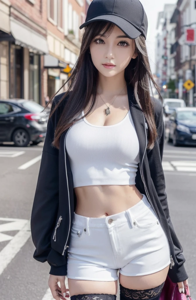 girl in winter scene, Short belly down jacket, Exposed lower abdomen，Low-rise pants, Metal belt,((cowboy shot))，Looking at the camera，Detailed facial features, beautiful eyes, Lips, and long eyelashes, Reality, 8K， Very detailed, Studio Lighting, Dramatic Lighting, Vibrant colors, work, City Streets，The abdomen is open，Showing belly，Sexy abdominal muscles