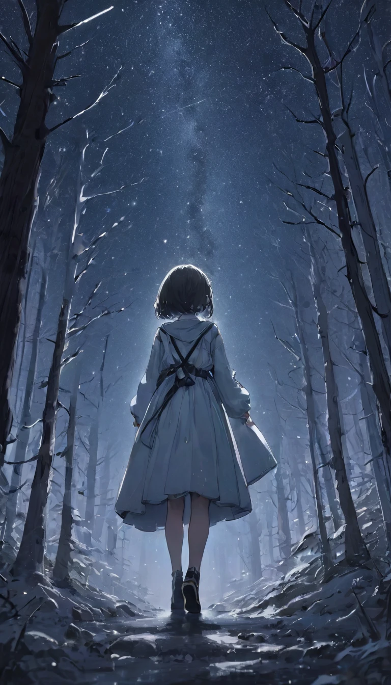 quality\(8K,非常に精細なCGユニットのwallpaper, masterpiece,High resolution,top-quality,top-quality real texture skin,Surreal,Increase the resolution,RAW Photos,最高quality,Very detailed,wallpaper\),BREAK、Circle image、Walking in the white forest、Long Shot、The subject is small、Beautiful dense forest、白から黒にGradation、Gradation、BREAK、One Girl、Look Up、Highly detailed face、Detailed face、Side Shot、Beautiful profile、Looking up、White sky close to black、Stars and Clouds、A fresh angle、BREAK、Overall dark、Cinematic Lighting、Very elaborate lighting、
