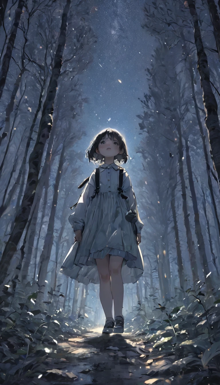 quality\(8K,非常に精細なCGユニットのwallpaper, masterpiece,High resolution,top-quality,top-quality real texture skin,Surreal,Increase the resolution,RAW Photos,最高quality,Very detailed,wallpaper\),BREAK、Circle image、Walking in the white forest、Long Shot、The subject is small、Beautiful dense forest、白から黒にGradation、Gradation、BREAK、One Girl、Look Up、Highly detailed face、Detailed face、Side Shot、Beautiful profile、Looking up、White sky close to black、Stars and Clouds、A fresh angle、BREAK、Overall dark、Cinematic Lighting、Very elaborate lighting、