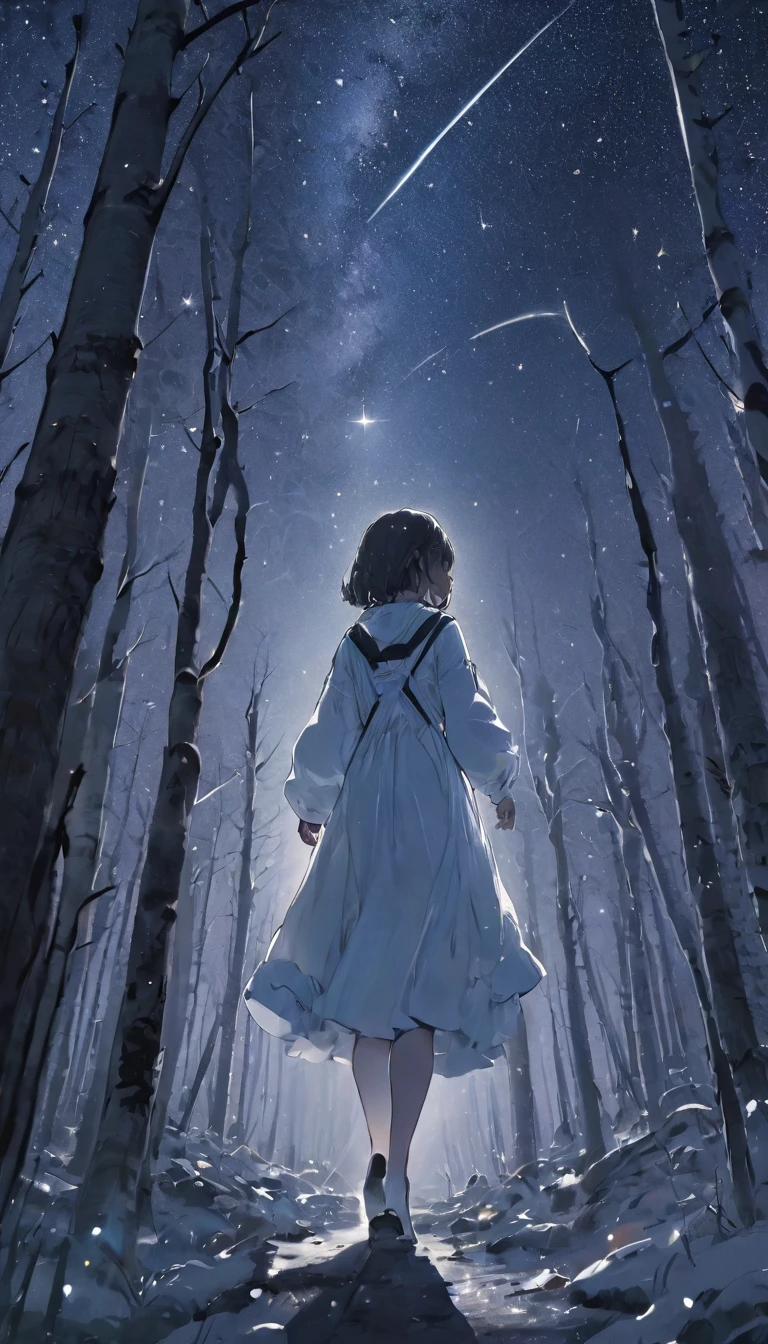 quality\(8K,非常に精細なCGユニットのwallpaper, masterpiece,High resolution,top-quality,top-quality real texture skin,Surreal,Increase the resolution,RAW Photos,最高quality,Very detailed,wallpaper\),BREAK、Circle image、Walking in the white forest、Long Shot、The subject is small、Beautiful dense forest、白から黒にGradation、Gradation、BREAK、One Girl、Look Up、Highly detailed face、Detailed face、Side Shot、Beautiful profile、Looking up、White sky close to black、Stars and Clouds、A fresh angle、BREAK、Overall dark、Cinematic Lighting、Very elaborate lighting、