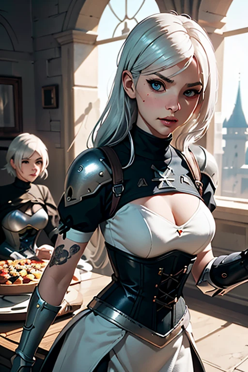 Gwen Tennyson,YoRHa 2b,tracer,Claire Fallon,Overwatch,Atelier Ryza,close,Castle siege battle,Tattoo,Silver and white plug suit,white short sleeve night top,Short Sleeve Knight Full Plate Armor,long night skirt,Steel Knight Corset,Super long hair,Queen's Makeup,Green Eyes,Multicolored silver hair,Long dress train,Sexy smile, freckles,beautiful girl,Silver thigh-high boots,Large Breasts,8K,Super detailed,Realistic,Fantasy art,Silver Knight Uniform,queen gown dress,hairpin,Ear Piercing,Templar Hand and Neck Jewelry,(weather:the wind is strong),One girl,Long Scarlet Knight Coat,battlefield,Holding a Templar shield,