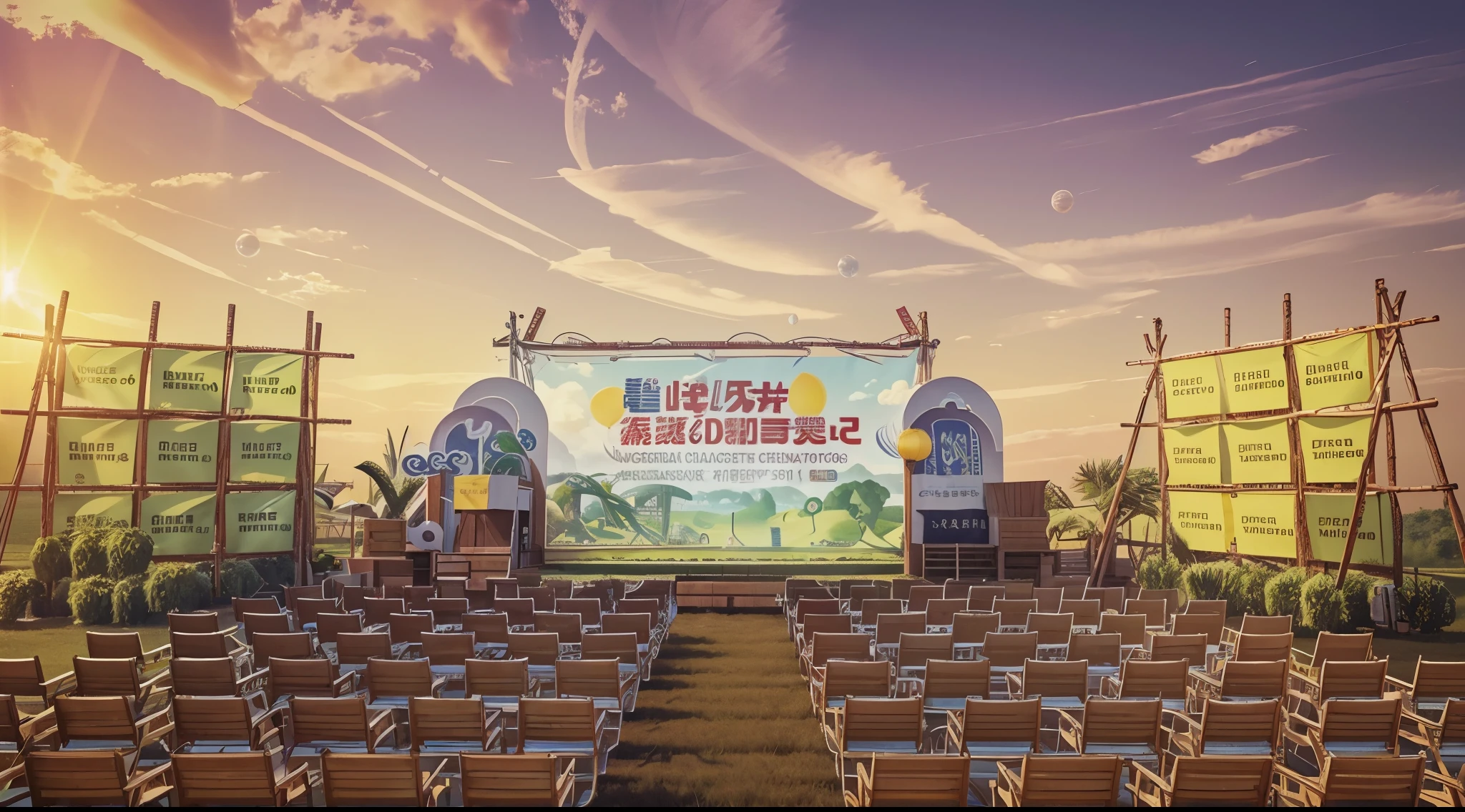  3D rendering, outdoor scene design for the agricultural fair of Shandong Province in China with chairs and stage set, event called "the Chinese boy's milk campaign". The theme is green grassland and yellow sunshine, banner banners on bamboo sticks, exquisite masterpiece，C4D，OC Renderer，high quality，Bright hues