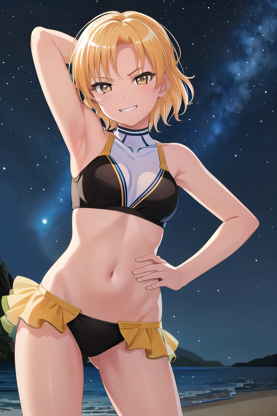 MASKING, 1girl, solo, looking at viewer, smile, short hair, blonde hair, brown eyes, yellow eyes, black bikini, high quality, solo, night sky, beach, arm behind head, hand on hip, contrapposto, closed mouth, spread armpits, (cowboy shot:1.5), looking at viewer, grin, best quality,