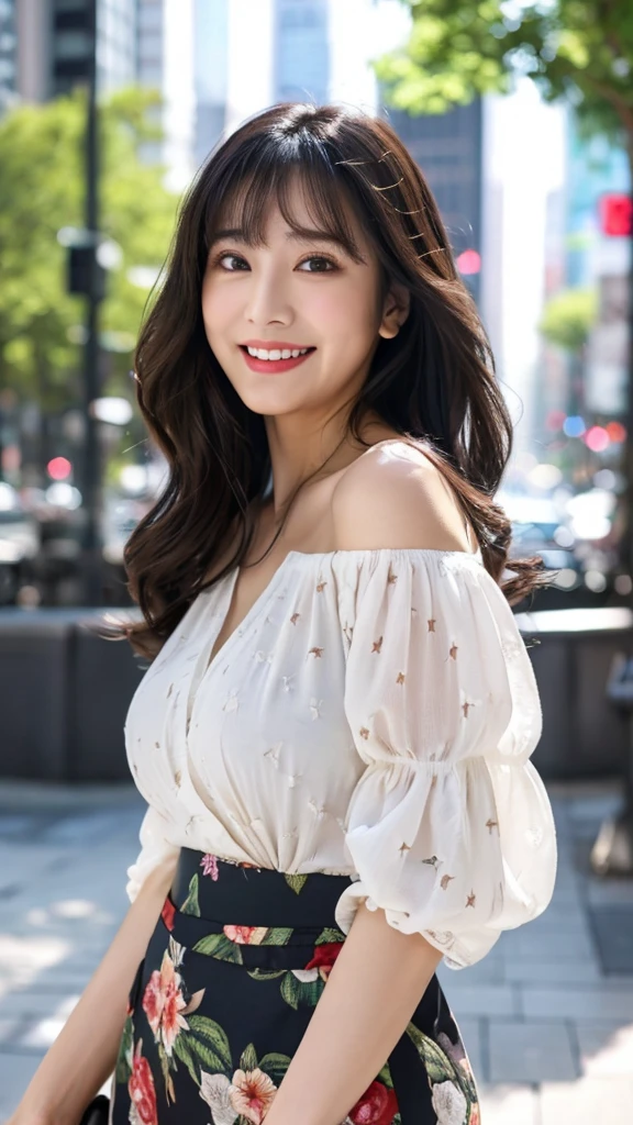 highest quality, Photoreal, finely, High resolution, 8k wallpaper, perfect dynamic composition, beautiful and fine eyes, black hair、big and full breasts、random sexy poses、chest to chest、(Breast bulge 1.3)、laughter、(droopy eyes 1.4)、adult beauty、Japanese、look at the person taking the photo、Beautiful woman, wavy hair, asymmetrical bangs, Printed blouse, skirt, perfect face, beautiful face, attractive, big gorgeous eyes, soft smile, perfect slim fit body, cityscape, (outdoors)