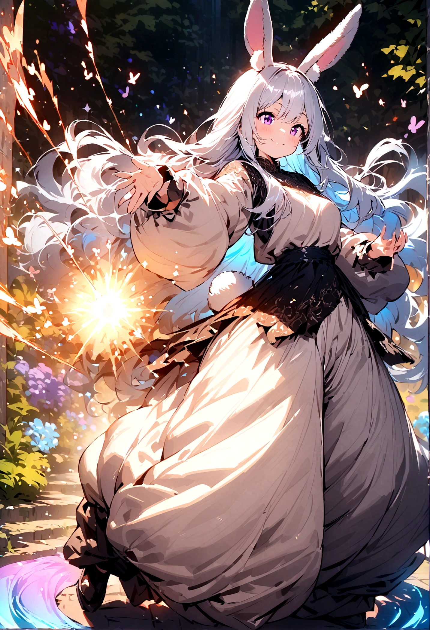 (Lovely,hairy,Rabbit ears,Silver Hair,Long hair,Baggy pants,Tail,Smile)，Beautiful nature, rest，masterpiece,high resolution,top-quality