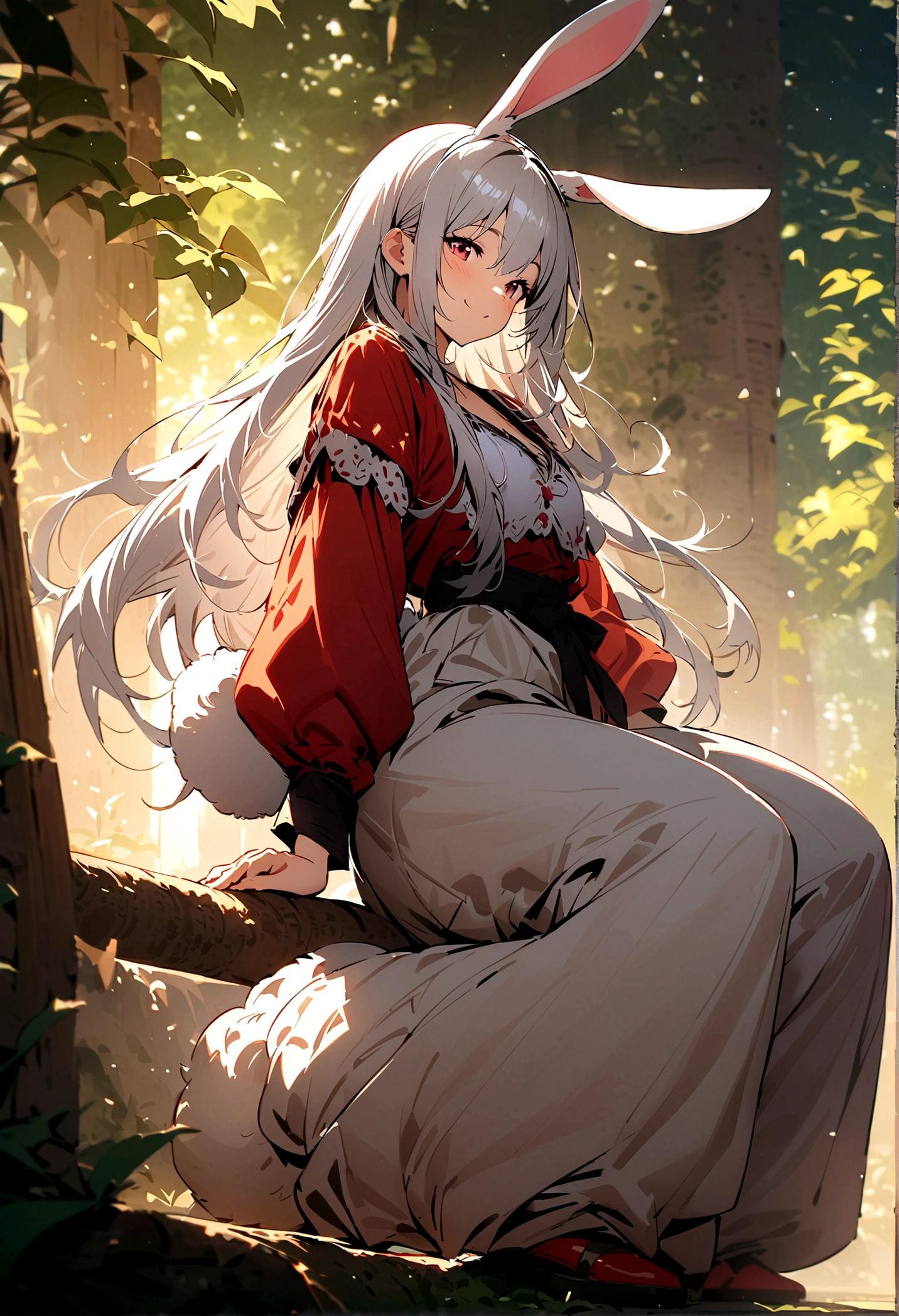 (Lovely,hairy,Rabbit ears,Silver Hair,Long hair,Baggy pants,Tail,Smile),Beautiful nature, rest,masterpiece,high resolution,top-quality
