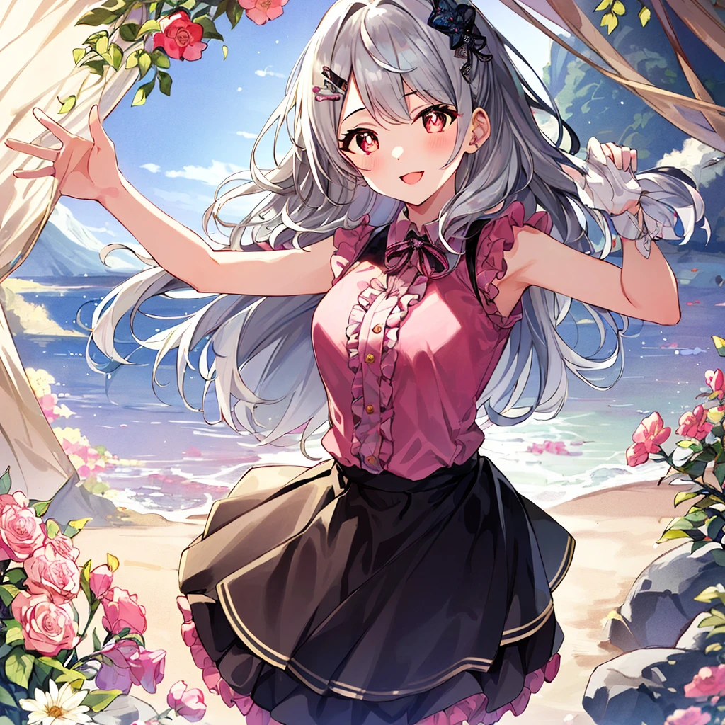 1girl, FULLBODY, Cowboy photos, (Rembrandt), illustration, (masterpiece), (best quality), (ultra_detailed), finely detail, (Depth of field),  mittens,  long-haired, star\ (symbol\), looking at viewer, (Silver hair:1.2), red eyes, upper body, hair ornament, :p, frills, pink shirt, smile, sleeveless, shirt, idol, symbol-shaped pupils, hands up, Brags smiles，Sleeveless，Camisa，THE IDOLM，raised hand，hair bangs，One side facing up，Arms up，Skirt pulling，Roaring Twenties，isometry，Seen from above，SKY，the flowers，cliff，