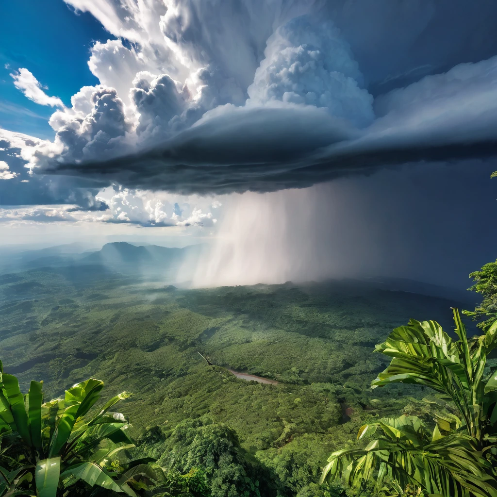 ((masterpiece)), (((best quality))), ((Extremely detailed)), (Astonishing:1.1), beautiful, nature, sky and ground, Strong wind, Rain, Line Cloud,Rays of light coming from the clouds, Located in a remote jungle,There are jungle wildlife and animals, Award-winning photos, BLN-L24, touch,High contrast,Low saturation,High saturation 8k 3D, F2.8 Lenses, Aerial View, light