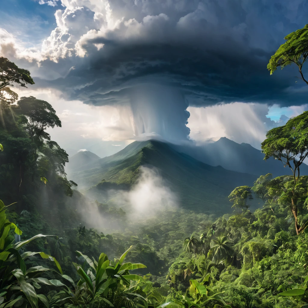((masterpiece)), (((best quality))), ((Extremely detailed)), (Astonishing:1.1), beautiful, nature, sky and ground, Strong wind, Rain, Line Cloud,Rays of light coming from the clouds, Located in a remote jungle,There are jungle wildlife and animals, Award-winning photos, BLN-L24, touch,High contrast,Low saturation,High saturation 8k 3D, F2.8 Lenses, Aerial View, light