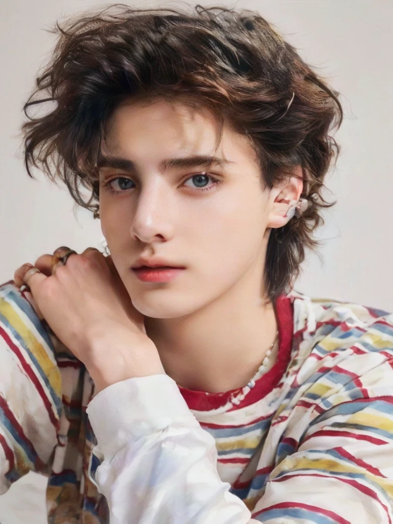 A closeup of a young man with a messy haircut, Timotee Chalamet, jeon jungkook, portrait of Timotee Chalamet, cute androgynous prince, delicate androgynous prince, jungkook, high-quality portrait, beautiful young model, androgynous man, beautiful young man, Beautiful young man, jungkook from bts, Tommy 1 6 , perfect face and boy, editorial model, Jeon Jungkook from bts