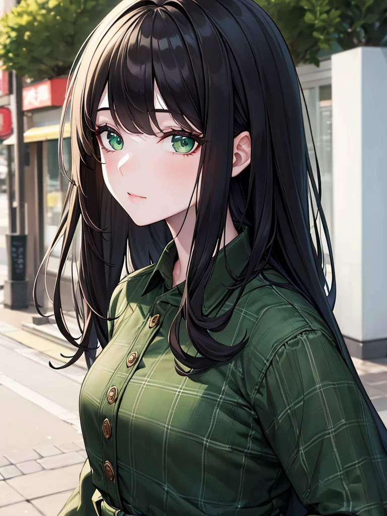 (8K, Best Quality, Masterpiece, Ultra High Resolution) 1 Girl, Woman, Beautiful Eyes, Face Details, Dark Black Hair, Long Hair, Green Eyes, Pale Skin, Black Shirt, Denim Jacket, Plaid Skirt, Cafe, Tokyo, Best Quality, Upper Body, Looking at the Viewer, Facing Viewer, Close Up