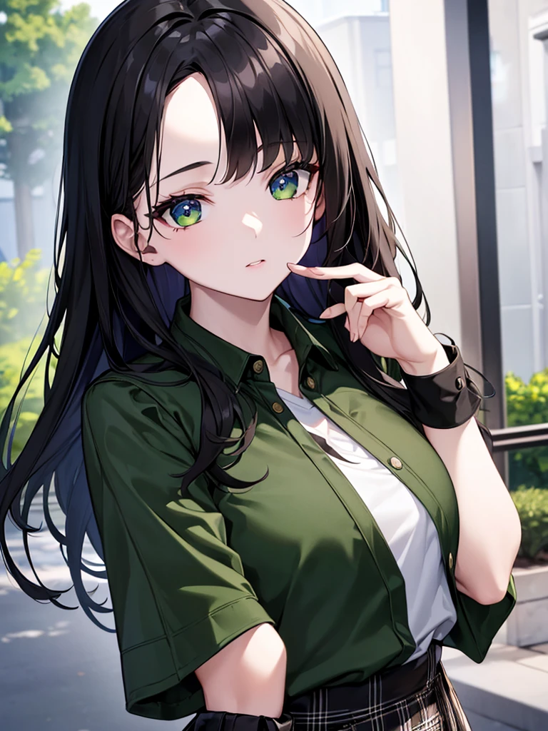 (8K, Best Quality, Masterpiece, Ultra High Resolution) 1 Girl, Woman, Beautiful Eyes, Face Details, Dark Black Hair, Long Hair, Green Eyes, Pale Skin, Black Shirt, Denim Jacket, Plaid Skirt, Cafe, Tokyo, Best Quality, Upper Body, Looking at the Viewer, Facing Viewer, Close Up