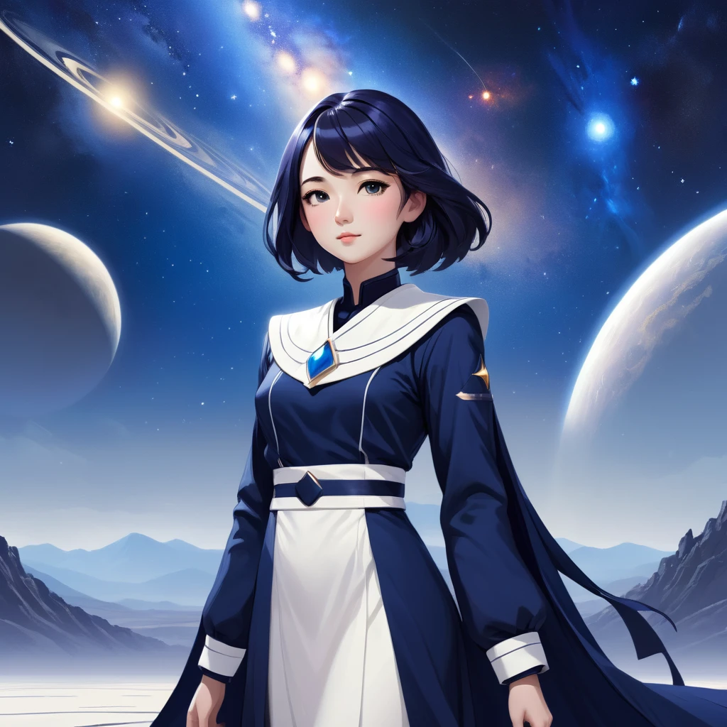 A severe cosmic Judge's loyal Assistant, a meticulous young woman, embodying precision and diligence, stands erect in a serene cosmic landscape. She wears a traditional professional dark blue attires with straight lines, its pristine white fabric exuding cleanliness and rigor. The simple background landscape is a cosmic office.