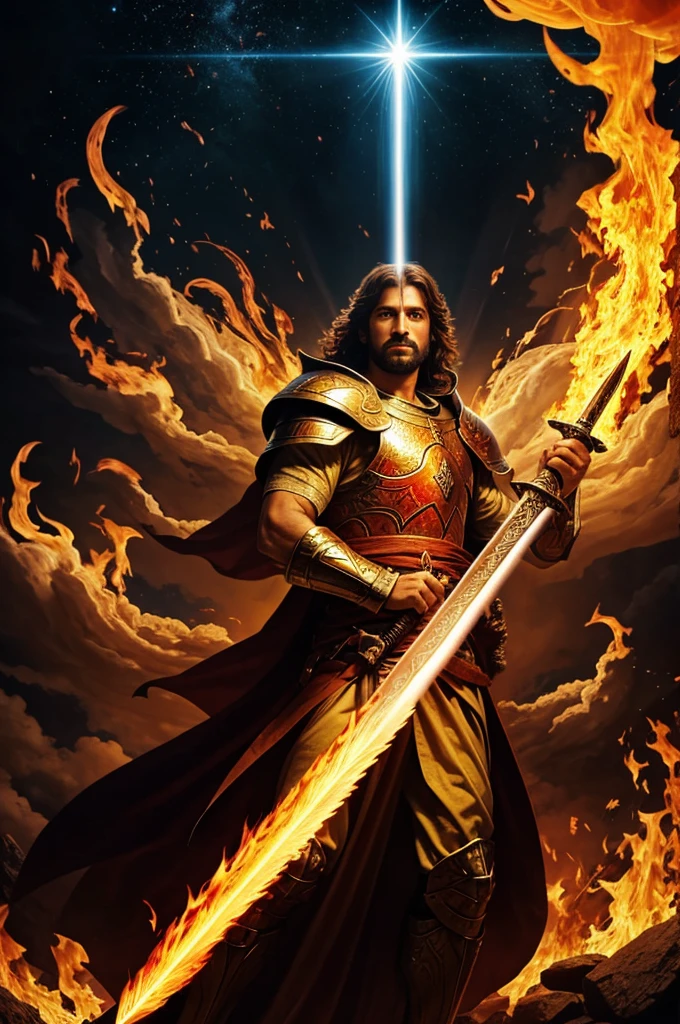 God coming down from heaven with a sword of fire 
