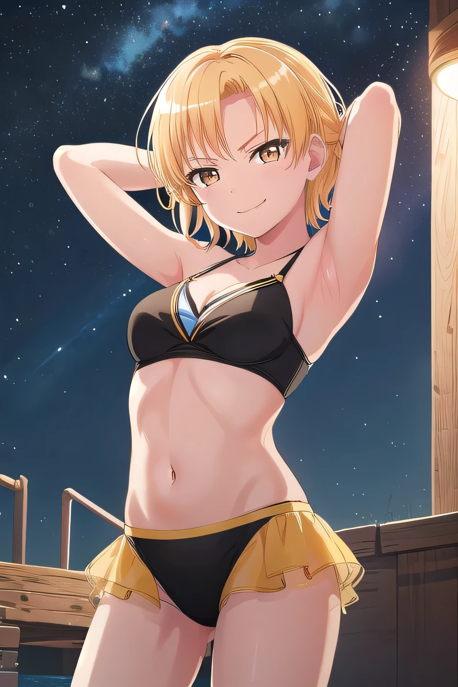 MASKING, 1girl, solo, looking at viewer, smile, short hair, blonde hair, brown eyes, yellow eyes, black bikini, high quality, solo, night sky, beach, arms behind head, contrapposto, closed mouth, spread armpits, (cowboy shot:1.5), looking at viewer, smirk, best quality,