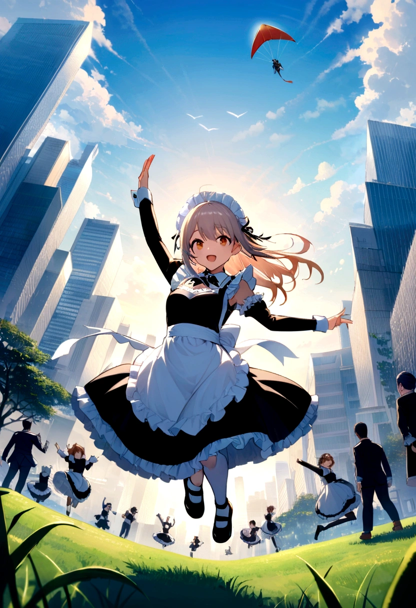 City、走るようなJump、Running pose、Masterpiece、Landscapeの、Landscape、Landscapeのメイド、ビルの上をJump、From Lawn Angle、Maid clothes、beautiful girl、Maid Costume、Frills fluttering in the wind、ビルの合間をJumpする、there is a man that is Jumping in the air with a kite, Leap into the air, Jump pose, Jumping towards viewer, horizontally Leap!!!, Jumping for joy, Leap, Aerial浮揚, Rise from the ground, Leap towards viewer, ultra - high Jump, Jumping, Leap with arms up, Aerial, Jump、skyscraper、City、Tokyo