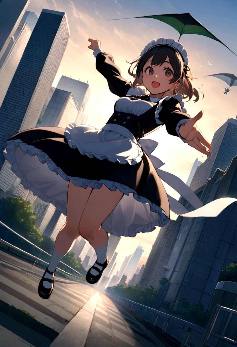 City、走るようなJump、Running pose、Masterpiece、Landscapeの、Landscape、Landscapeのメイド、ビルの上をJump、From Lawn Angle、Maid clothes、beautiful girl、Maid Costume、Frills fluttering in the wind、ビルの合間をJumpする、there is a man that is Jumping in the air with a kite, Leap into the air, Jump pose, Jumping towards viewer, horizontally Leap!!!, Jumping for joy, Leap, Aerial浮揚, Rise from the ground, Leap towards viewer, ultra - high Jump, Jumping, Leap with arms up, Aerial, Jump、skyscraper、City、Tokyo