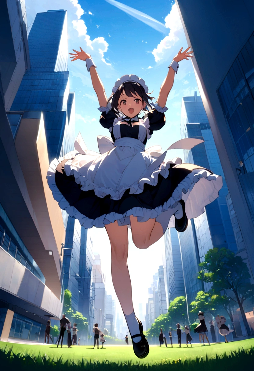 City、走るようなJump、Running pose、Masterpiece、Landscapeの、Landscape、Landscapeのメイド、ビルの上をJump、From Lawn Angle、Maid clothes、beautiful girl、Maid Costume、Frills fluttering in the wind、ビルの合間をJumpする、there is a man that is Jumping in the air with a kite, Leap into the air, Jump pose, Jumping towards viewer, horizontally Leap!!!, Jumping for joy, Leap, Aerial浮揚, Rise from the ground, Leap towards viewer, ultra - high Jump, Jumping, Leap with arms up, Aerial, Jump、skyscraper、City、Tokyo