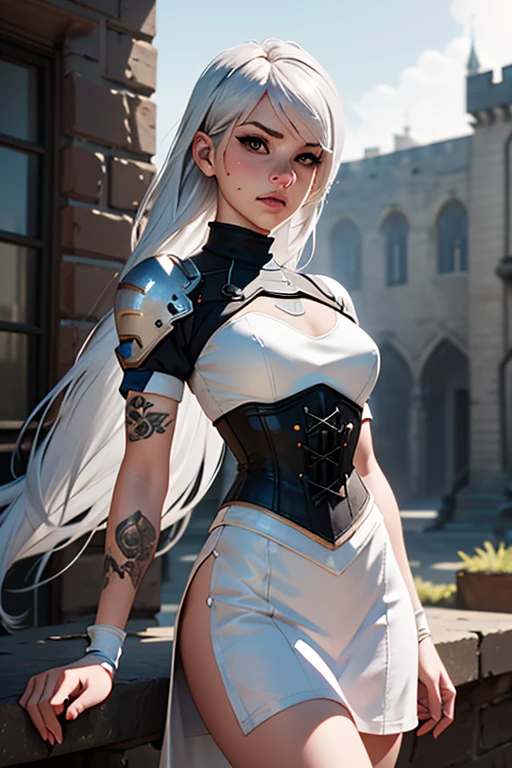 Gwen Tennyson,YoRHa 2b,tracer,Claire Fallon,Overwatch,Atelier Ryza,close,Castle siege battle,Tattoo,Silver and white plug suit,white short sleeve night top,Short Sleeve Knight Full Plate Armor,long night skirt,Steel Knight Corset,Super long hair,Queen's Makeup,Green Eyes,Multicolored silver hair,Long dress train,Sexy smile, freckles,beautiful girl,Silver thigh-high boots,Large Breasts,8K,Super detailed,Realistic,Fantasy art,Silver Knight Uniform,queen gown dress,hairpin,Ear Piercing,Templar Hand and Neck Jewelry,(weather:the wind is strong),One girl,Long Scarlet Knight Coat,battlefield,Holding a Templar shield,