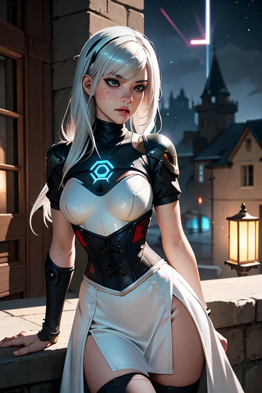 Gwen Tennyson,YoRHa 2b,tracer,Claire Fallon,Overwatch,Atelier Ryza,close,Castle siege battle,Tattoo,Silver and white plug suit,white short sleeve night top,Short Sleeve Knight Full Plate Armor,long night skirt,Steel Knight Corset,Super long hair,Queen's Makeup,Green Eyes,Multicolored silver hair,Long dress train,Sexy smile, freckles,beautiful girl,Silver thigh-high boots,Large Breasts,8K,Super detailed,Realistic,Fantasy art,Silver Knight Uniform,queen gown dress,hairpin,Ear Piercing,Templar Hand and Neck Jewelry,(weather:the wind is strong),One girl,Long Scarlet Knight Coat,battlefield,Holding a Templar shield,