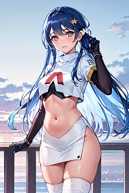 photorealistic (4k) depth of field, (Masterpiece), (realistic skin texture), extremely detailed, intricate, hyper detailed, professional photography, high resolution, sharp detail, best quality, woman, tanned skin, long hair, 2eyes, solo, team rocket, team rocket uniform, golden symbol Ω, white skirt, white crop top, black thigh highs, black elbow gloves