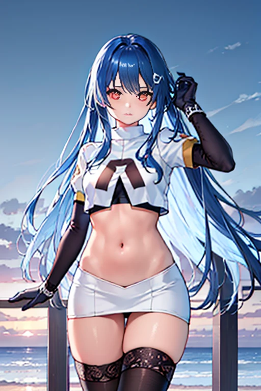 photorealistic (4k) depth of field, (Masterpiece), (realistic skin texture), extremely detailed, intricate, hyper detailed, professional photography, high resolution, sharp detail, best quality, woman, tanned skin, long hair, 2eyes, solo, team rocket, team rocket uniform, golden symbol Ω, white skirt, white crop top, black thigh highs, black elbow gloves