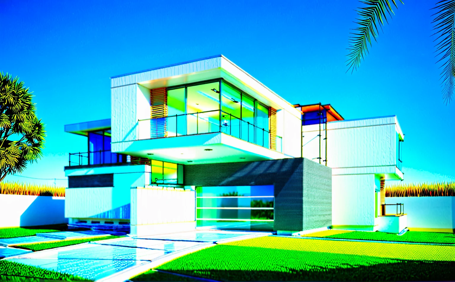 Raw photo, Masterpiece, high quality, best quality, authentic, super detail, outdoors, house style modern, white wall, glass windows, minimalist line, grass, trees, blue sky, morning daylight, vivid color,