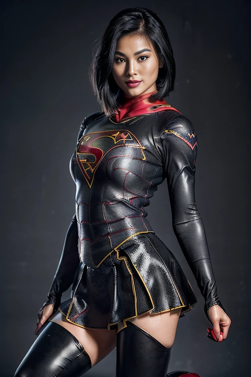Asian Beautiful Girl、(((Wear black tights on your beautiful legs.)))、(((beauty legs)))、(((facial expression of smile)))、((((Make the most of the original image)))、(((Supergirl Costume)))、(((a short bob、beautiful hairl)))、(((Suffering)))、(((Feet must necessarily be worn with black tights)))、(((You need to wear red boots)))、((Top image quality、8K))、((top-quality、8K、​masterpiece:1.3))、(((Keep your background simple)))、Crisp focus:1.2、Beautiful woman with perfect body shape:1.4、Slender Abs:1.2、a wet body:1.5、Highly detailed facial and skin texture、8K、beauty legs