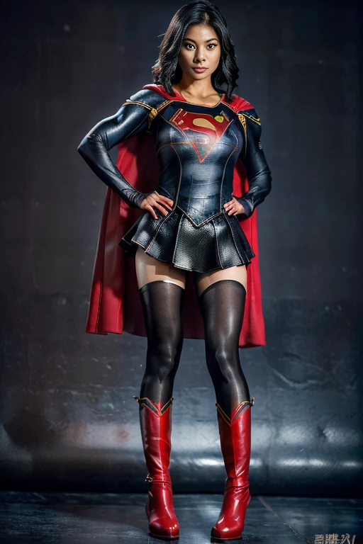 Asian Beautiful Girl、(((Wear black tights on your beautiful legs.)))、(((beauty legs)))、(((facial expression of smile)))、((((Make the most of the original image)))、(((Supergirl Costume)))、(((a short bob、beautiful hairl)))、(((Suffering)))、(((Feet must necessarily be worn with black tights)))、(((You need to wear red boots)))、((Top image quality、8K))、((top-quality、8K、​masterpiece:1.3))、(((Keep your background simple)))、Crisp focus:1.2、Beautiful woman with perfect body shape:1.4、Slender Abs:1.2、a wet body:1.5、Highly detailed facial and skin texture、8K、beauty legs