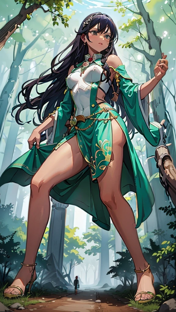 In a forest of large trees there is an even larger Amazonian giantess, with brown skin, black hair, thin, with clothes of the forest, and with very long legs, she is looking for small human invaders of the forest to destroy them so that they do not disturb the peace of the forest. Giantess, goddess, hot, black skin, tall legs, sexy, tiny people, tiny humans, crush, forest, trees, standing, group of small people, slim body