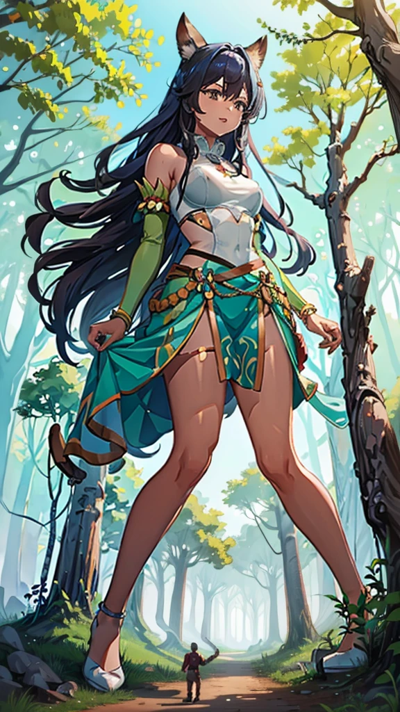 In a forest of large trees there is an even larger Amazonian giantess, with brown skin, black hair, thin, with clothes of the forest, and with very long legs, she is looking for small human invaders of the forest to destroy them so that they do not disturb the peace of the forest. Giantess, goddess, hot, black skin, tall legs, sexy, tiny people, tiny humans, crush, forest, trees, standing, group of small people, slim body