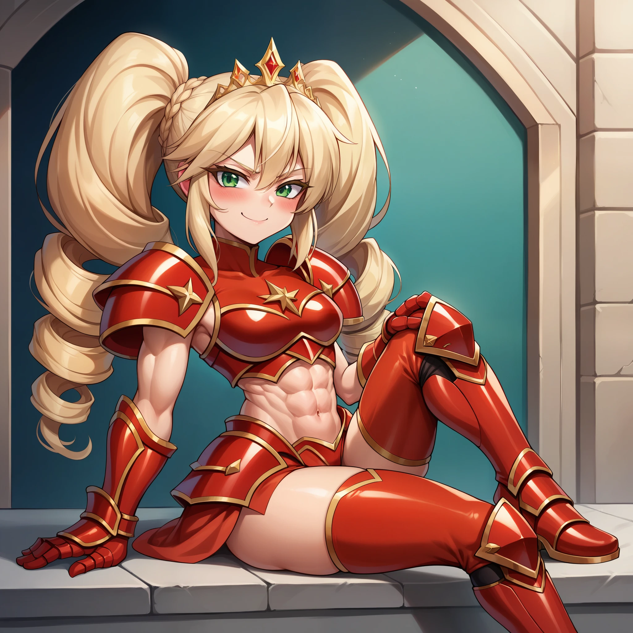 Lancer Artoria body (Alexis Texas Face), elegant adult female, blonde, green eyes (yellow eyelashes) crown, turtleneck, full body sitting on a bench, showing ass to me, RED breastplate, RED skin (1SologirlRED skin:1.2), looking at viewer, shiny, armor, thigh highs, high boots, pauldrons shoulder armor, faulds, poleyn, RED gloves gauntlets, rerebrace, RED military armored boots, yordle muscular lean platinum blonde long twin tails hairstyle at the bedroom lustful smirking smile face red blushed, blush, strong abs, female body builder, tiara, twin drills hair, (masterpiece, best quality, ultra detailed, best shadow)