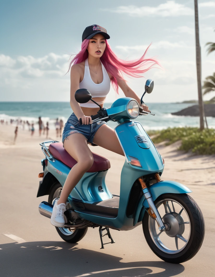 A pretty brunette riding a moped down the street at the beach, speeding, pink hair blowing in the wind, wearing short shorts, halter top, baseball cap, large breasts, not exposed, ethereal lighting, dramatic, composition, epic scale, sense of awe, ultra-high res.photorealistic:.1.4, (high detailed skin:1.2), 8k uhd, dslr, high quality, film grain, Fujifilm XT3,long pink hair