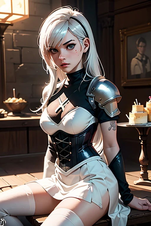 Gwen Tennyson,YoRHa 2b,tracer,Claire Fallon,Overwatch,Atelier Ryza,close,Castle siege battle,Tattoo,Silver and white plug suit,white short sleeve night top,Short Sleeve Knight Full Plate Armor,long night skirt,Steel Knight Corset,Super long hair,Queen's Makeup,Green Eyes,Multicolored silver hair,Long dress train,Sexy smile, freckles,beautiful girl,Silver thigh-high boots,Large Breasts,8K,Super detailed,Realistic,Fantasy art,Silver Knight Uniform,queen gown dress,hairpin,Ear Piercing,Templar Hand and Neck Jewelry,(weather:the wind is strong),One girl,Long Scarlet Knight Coat,battlefield,Holding a Templar shield,