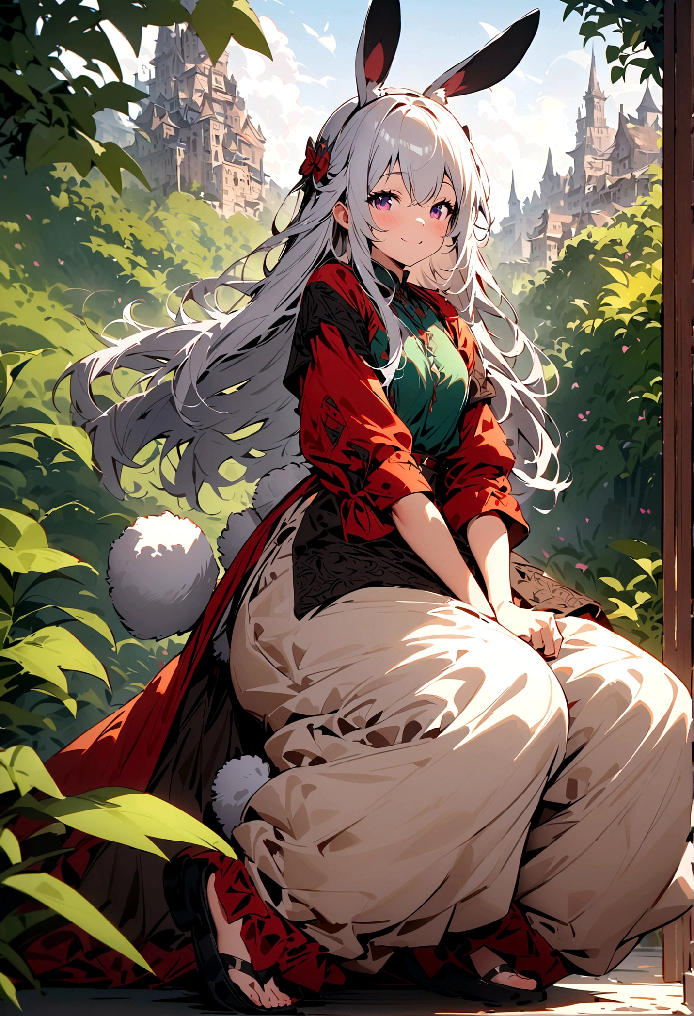 (Lovely,hairy,Rabbit ears,Silver Hair,Long hair,Baggy pants,Tail,Smile),Beautiful nature, rest,masterpiece,high resolution,top-quality