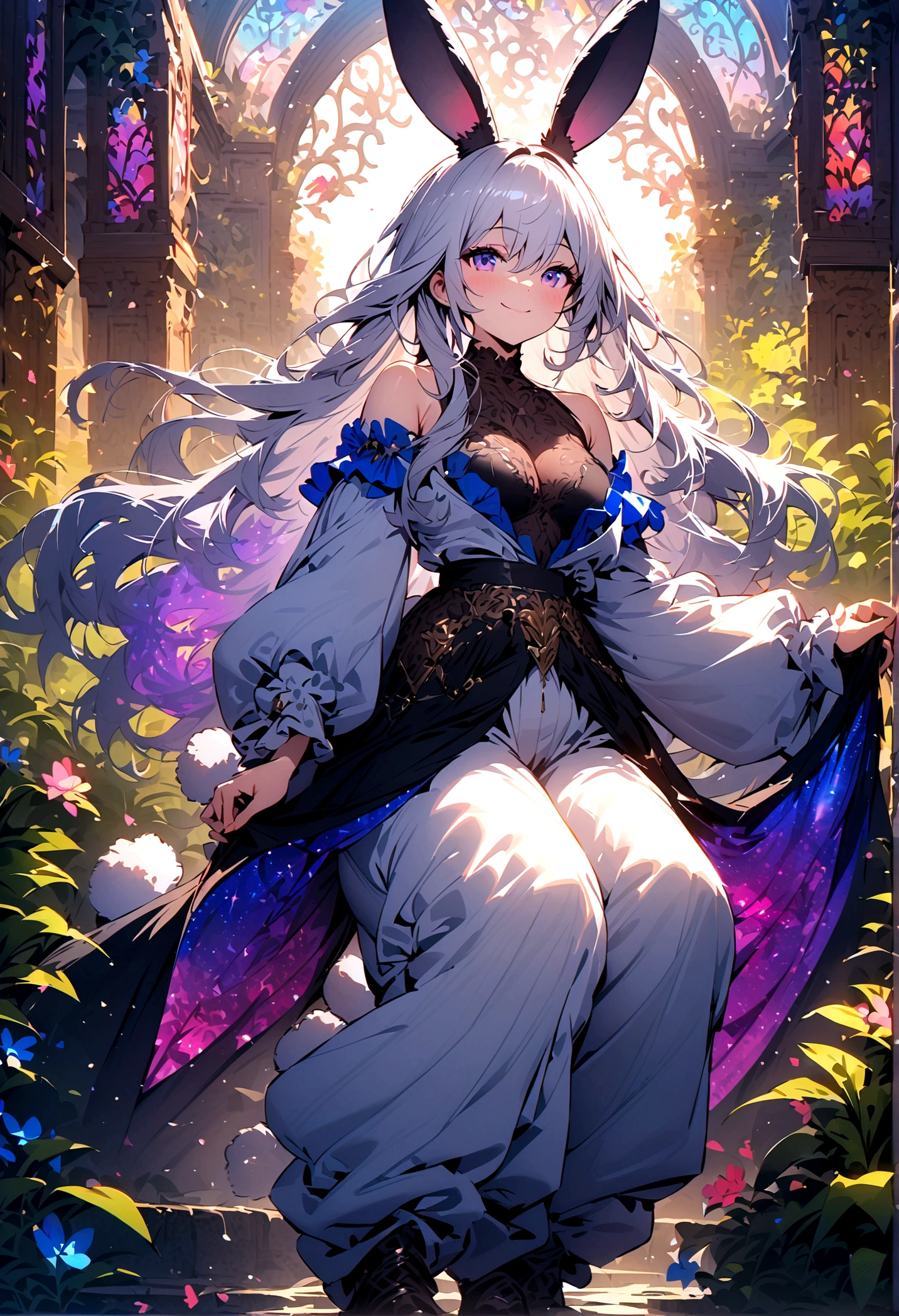 (Lovely,hairy,Rabbit ears,Silver Hair,Long hair,Baggy pants,Tail,Smile),Beautiful nature, rest,masterpiece,high resolution,top-quality