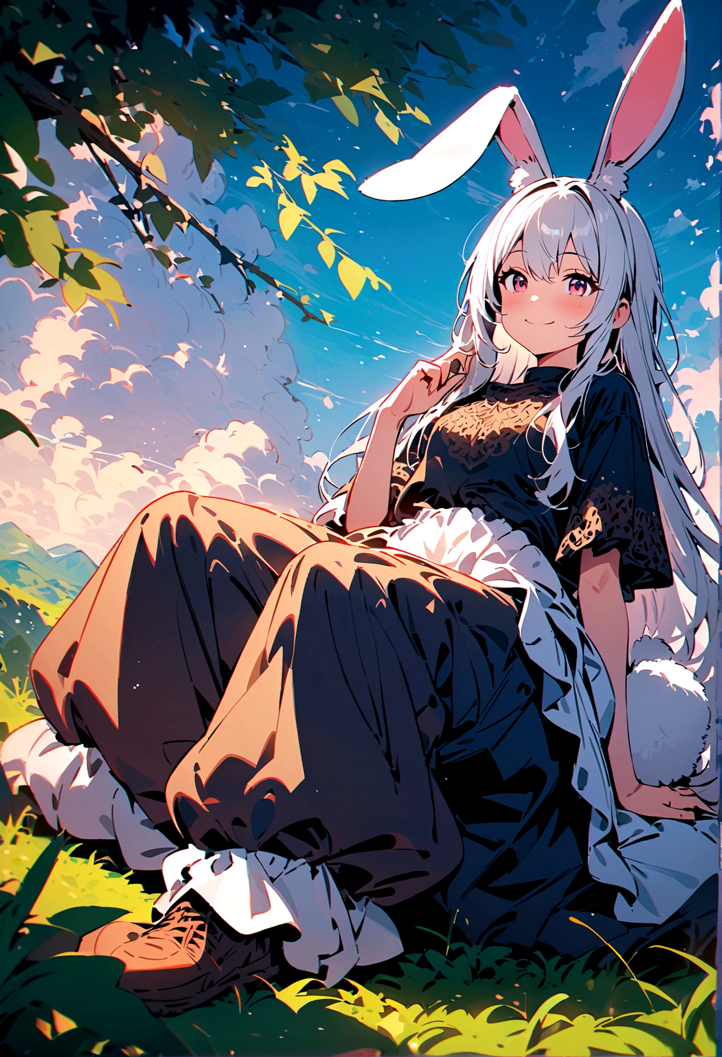 (Lovely,hairy,Rabbit ears,Silver Hair,Long hair,Baggy pants,Tail,Smile),Beautiful nature, rest,masterpiece,high resolution,top-quality