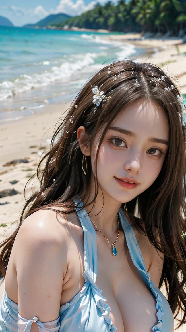 (Masterpiece, BestQuality:1.3), (ultra detailed:1.2), (hyperrealistic:1.3), (RAW photo:1.2),High detail RAW color photo, professional photograph, (Photorealistic:1.4), (realistic:1.4), ,professional lighting, (japanese), beautiful face, (realistic face), cute woman, (Big Breasts:1.5), (cheerful Smile:1.35), Trending Hair&Trending Hairカラーをランダムに, earrings, necklace, bracelet, sexly, erotic sexly, (Beautiful woman wearing a halter neck dress。Brown wavy hair、smile。White sand and blue sea in the background。:1.4), Beautiful location, (Detailed Background))
