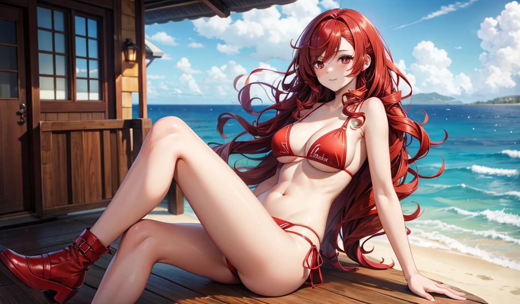 Young woman with long red hair spiral curls，Hairpin，Red bikini，thigh，sitting，ocean