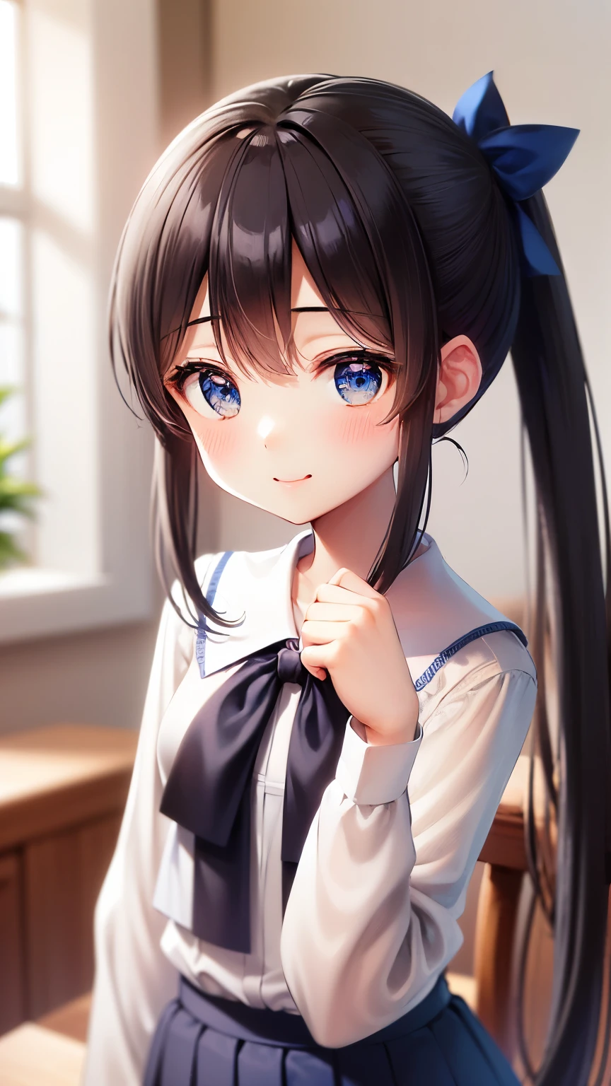 detailed face, cute face, masterpiece, Highest quality, High resolution, Very detailed, Detailed Background,, Detailed face,(Fraurem Chrome, (Black Hair, Semi-long hair, Blue ribbon in ponytail),(White blouse, Blue short ribbon tie, Blue long skirt), small, Neat, Iris,study, A kind smile), Scale out, Chic study, vase