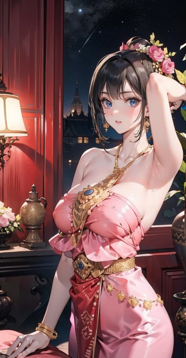 Group of 5 princesses,(5 young women,many young women), (in the bedroom), Various hair styles, harem, Wearing a strapless Thai dress.., at night, detailed face, big breasts, short skirt, mule, Sleeveless , Show your armpits, at night, starry at night,(large areolae:1.4,pink,The nipples are clearly visible....),topless, Highest quality、Highest picture quality、Masterpiece