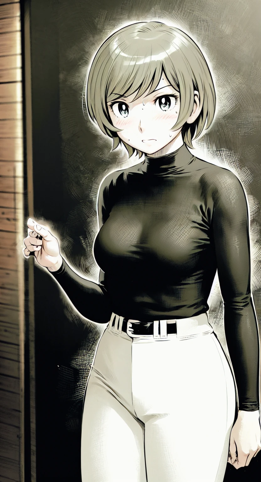 (野球uniform:1.2),
Blonde Hair, (short hair:1.2),Long sleeve, Black Shirt, turtleneck,White trousers、uniform、Black belt、((Illustration of people))、Big 、
View Audience,, (Highest quality:1.3),One Girl, White pants、uniform、indoor、baseball 、White wall、blue eyes、Tight black shirt、(masterpiece、Highest quality)、Highest quality, Ultra-high resolution, (((masterpiece))), alone, Sweat、Big eyes、Big Breasts、One Girl, Front view、Embarrassed face、Bronze colored hair、((short hair))、Stand up straight、Cowboy Shot