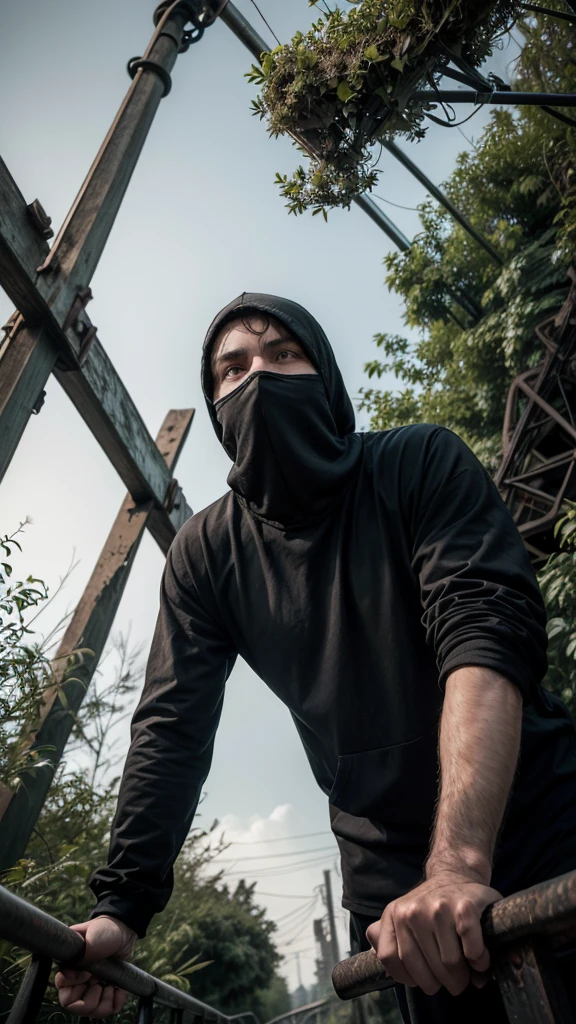 man in loose, lightweight black clothing, wearing a prominently visible balaclava, hanging by one hand from a rusted roller coaster track, overgrown vegetation around, broken rails, eerie atmosphere, sense of mystery and solitude, suspenseful mood, viewed from below at a low angle, wide-angle lens, soft, diffused lighting