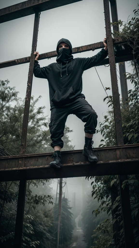 man in loose, lightweight black clothing, wearing a prominently visible balaclava, hanging by one hand from a rusted roller coaster track, overgrown vegetation around, broken rails, eerie atmosphere, sense of mystery and solitude, suspenseful mood, viewed from below at a low angle, wide-angle lens, soft, diffused lighting