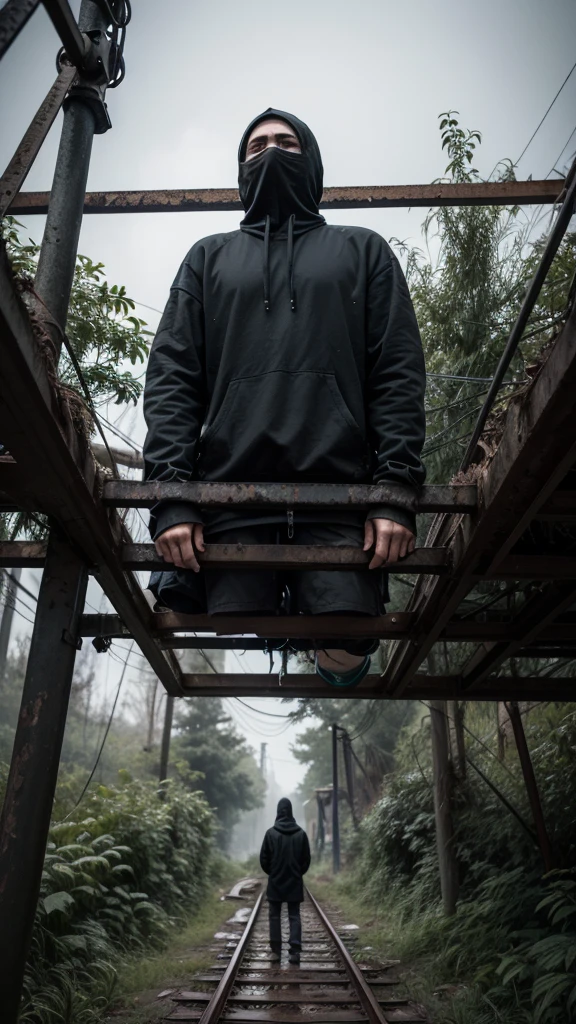 man in loose, lightweight black clothing, wearing a prominently visible balaclava, hanging by one hand from a rusted roller coaster track, overgrown vegetation around, broken rails, eerie atmosphere, sense of mystery and solitude, suspenseful mood, viewed from below at a low angle, wide-angle lens, soft, diffused lighting