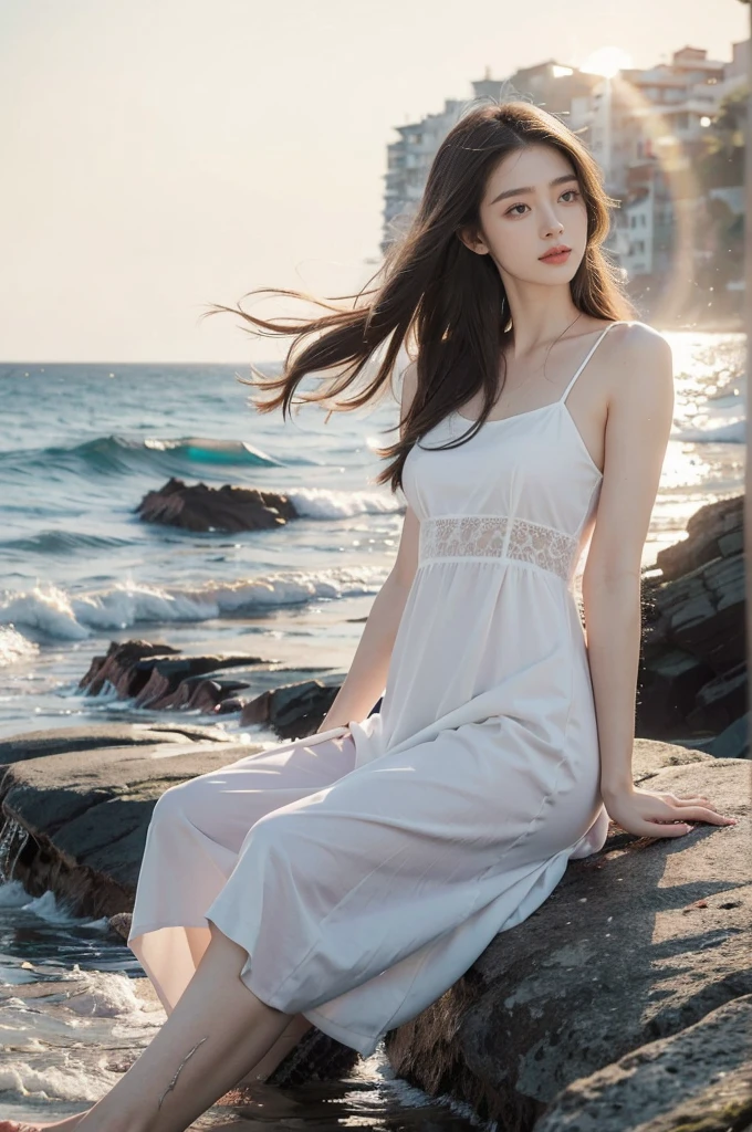 (((best quality))),(((ultra detailed))),(((masterpiece))),illustration,1 girl, solo,slim,flat chest,watching sunrise, seaside,soft light, serene atmosphere,medium straight hair, sparkling blue eyes, fair skin, white sundress, seashell pattern, sandals, cliff edge, azure sea, waves crashing, seagulls soaring, camera in hand, joyful expression, warm sunlight, ethereal presence, peaceful setting,upper body,from front,arms behind back